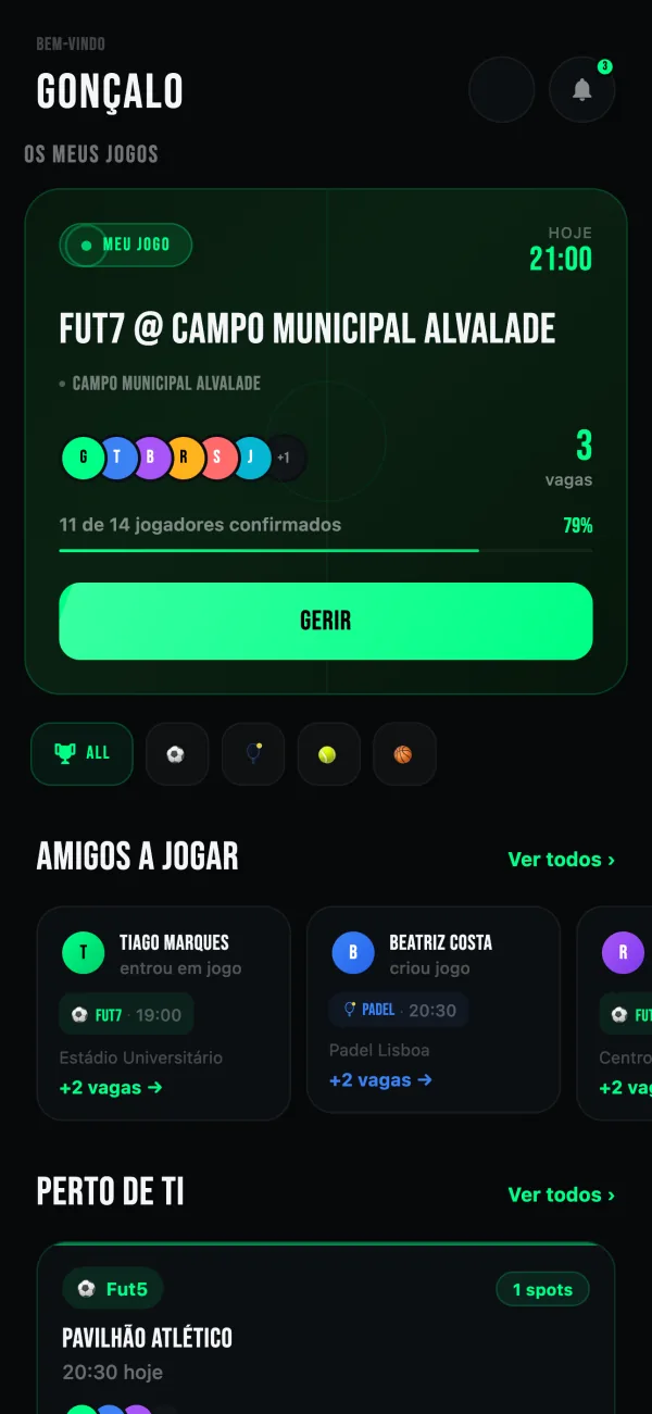 App Trib — ecrã principal